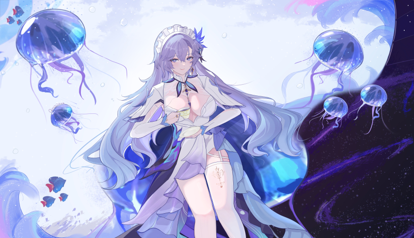 1girl absurdres artist_name blue_flower breasts cantarella_(wuthering_waves) closed_mouth commentary_request cup dress earrings facial_mark feet_out_of_frame flower hair_between_eyes hair_flower hair_ornament hair_spread_out headdress highres holding holding_cup jellyfish jewelry large_breasts long_hair looking_at_viewer mark_under_eye partial_commentary purple_eyes purple_hair quan_mao_zi shrug_(clothing) single_thighhigh smile solo teacup thighhighs thighs very_long_hair white_dress white_shrug white_thighhighs wuthering_waves