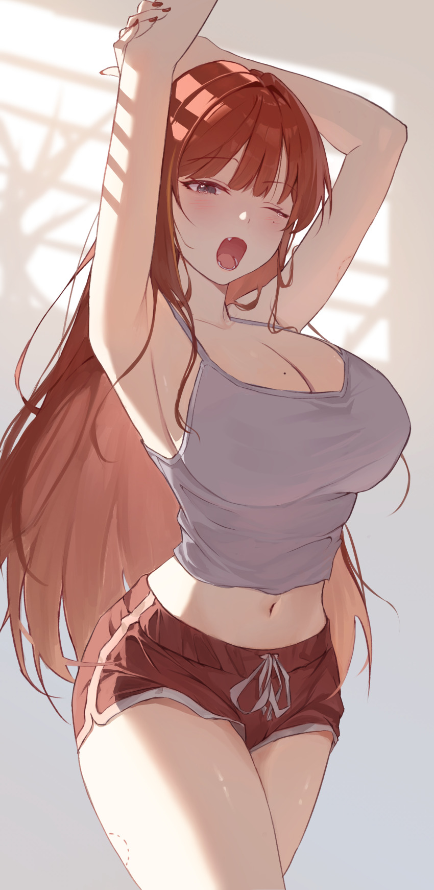 1girl absurdres akane_lize armpits arms_up bare_arms bare_shoulders bite_mark breasts camisole commentary_request cowboy_shot crop_top dolphin_shorts drawstring fang grey_eyes highres korean_commentary large_breasts long_hair meosic2 midriff mole mole_on_breast mole_under_eye nail_polish navel one_eye_closed open_mouth red_hair red_shorts shirt short_shorts shorts sleepy sleeveless sleeveless_shirt solo standing stellive stomach stretching thighs virtual_youtuber white_shirt yawning