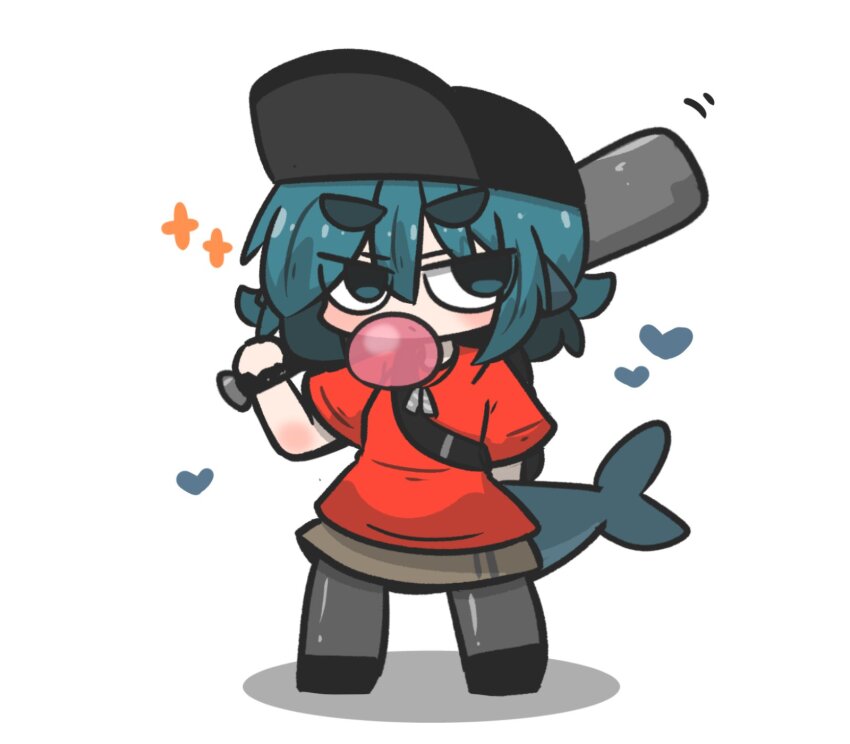 baseball_bat baseball_cap black_hat black_shoes blowing_bubbles blue_eyes blue_hair blush brown_skirt chewing_gum closed_mouth commentary cosplay english_commentary fins fish_tail fuka-chan grey_pantyhose hair_between_eyes hat heart highres holding holding_baseball_bat metal_baseball_bat original pantyhose red_shirt scout_(tf2) scout_(tf2)_(cosplay) shadow shark_tail shirt shoes short_eyebrows short_sleeves simple_background skirt sparkle tail team_fortress_2 thick_eyebrows uni_souchou white_background