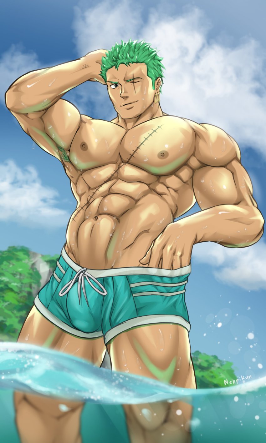 1boy abs absurdres aqua_male_swimwear aqua_swim_trunks arm_behind_head armpit_hair artist_name bara closed_mouth cloud cowboy_shot day drawstring earrings green_hair hand_under_clothes highres jewelry large_pectorals male_focus male_swimwear muscular muscular_male navel neppikun nipples one_eye_closed one_piece outdoors partially_submerged pectorals roronoa_zoro scar scar_across_eye scar_on_chest scar_on_face short_hair sky smile solo swim_trunks swimsuit topless_male water