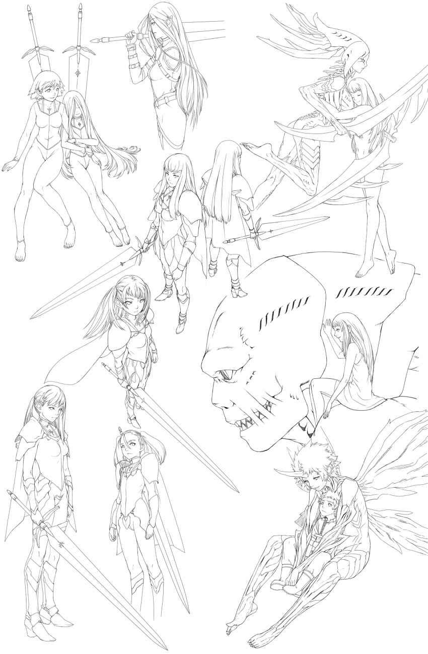 1boy 6+girls absurdres agemmata alicia_(claymore) bad_id bad_pixiv_id barefoot beth_(claymore) clarisse_(claymore) claymore_(series) claymore_(sword) dauf dietrich greyscale highres irene long_hair miata_(claymore) monochrome multiple_girls priscilla_(claymore) raki_(claymore) riful weapon