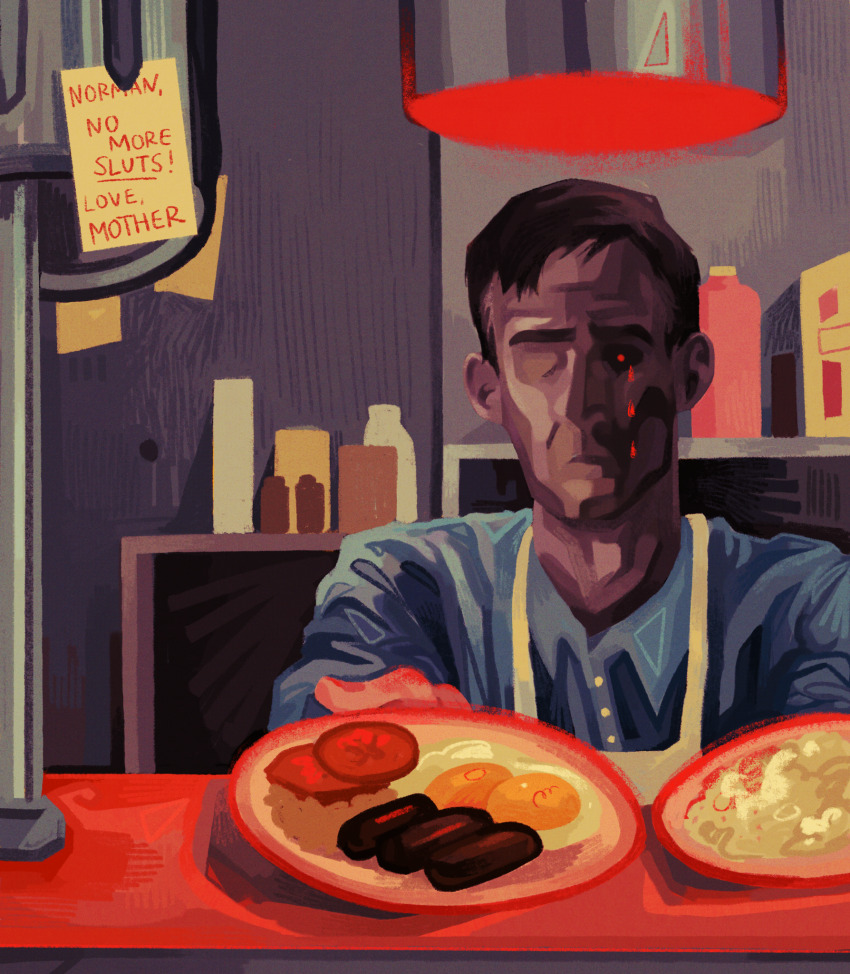 1boy apron beans black_sclera blue_shirt breakfast brown_hair collared_shirt colored_sclera commentary counter diner english_commentary english_text film_grain food fried_egg frown highres horror_(theme) ketchup_bottle long_sleeves male_focus no_lineart norman_bates note pepper_shaker plate psycho_(film) psycho_ii quezify red_light red_pupils restaurant salt_shaker sausage scrambled_egg shirt short_hair solo sticky_note tomato tomato_slice yellow_apron