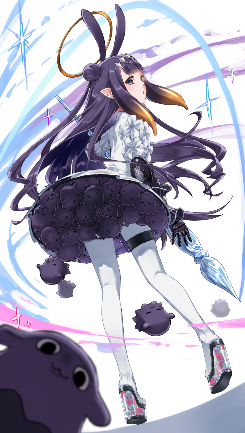 1girl absurdres boots center-flap_bangs chestnut_mouth dress dress_flower floating_hair flower from_behind from_below gauntlets gradient_hair halo highres holding holding_weapon hololive hololive_english long_hair looking_at_viewer multicolored_hair ninomae_ina&#039;nis ninomae_ina&#039;nis_(ina_the_hero) oji_(nyantyu081) orange_hair platform_boots pointy_ears purple_eyes purple_hair single_gauntlet takodachi_(ninomae_ina&#039;nis) tentacle_hair thigh_strap traditional_halo very_long_hair virtual_youtuber weapon white_boots white_dress