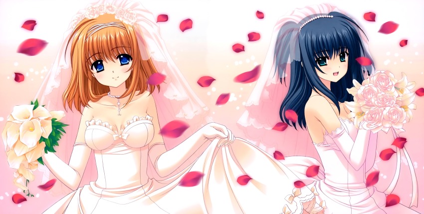 00s 2girls absurdres aqua_eyes black_hair blue_eyes bouquet breasts brown_hair cleavage collarbone dress elbow_gloves flower fuyou_kaede gloves hair_ornament highres holding holding_bouquet jewelry long_hair looking_at_viewer medium_breasts multiple_girls necklace nishimata_aoi open_mouth petals shuffle! sideboob smile strapless strapless_dress wedding_dress white_dress white_gloves yae_sakura