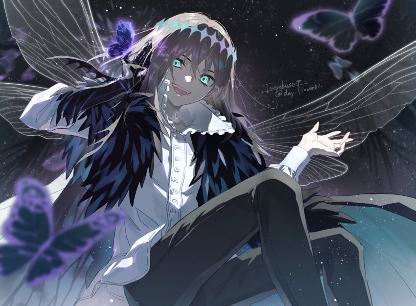 1boy arthropod_boy arthropod_limbs black_cape black_pants blue_eyes blurry bug butterfly butterfly_on_hand cape crown depth_of_field dragonfly_wings fangs fate/grand_order fate_(series) feet_out_of_frame frilled_shirt frills fur-trimmed_cape fur_trim gesture glowing_butterfly grey_hair hair_between_eyes hand_on_own_ear hands_up highres insect long_sleeves looking_at_viewer male_focus medium_hair oberon_(fate) oberon_(third_ascension)_(fate) open_mouth pants popped_collar purple_butterfly shirt sitting smile solo teeth tsuyukusa_(eeta7273) twitter_username upper_teeth_only white_shirt