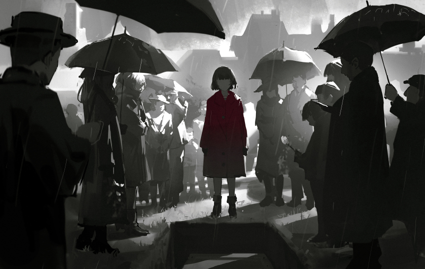 absurdres casket coat coffin commentary dino_(dinoartforame) dress english_commentary funeral funeral_dress grass graveyard greyscale hat highres holding holding_umbrella monochrome mourning original outdoors rain short_hair standing umbrella