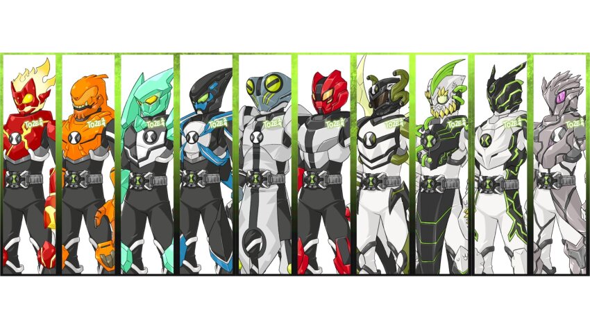 1boy alien armor belt ben_10 ben_10:_alien_force ben_10:_omniverse ben_10:_ultimate_alien ben_tennyson bodysuit compound_eyes diamondhead rider_belt fiery_hair fire four_arms_(ben_10) ghostfreak gloves glowing gray_matter green_eyes green_pupils heatblast helmet highres kamen_rider male_focus omnitrix orange_eyes purple_eyes rider_belt ripjaw solo stinkfly to_ze tokusatsu upgrade_(ben_10) wildmutt xlr8 yellow_eyes