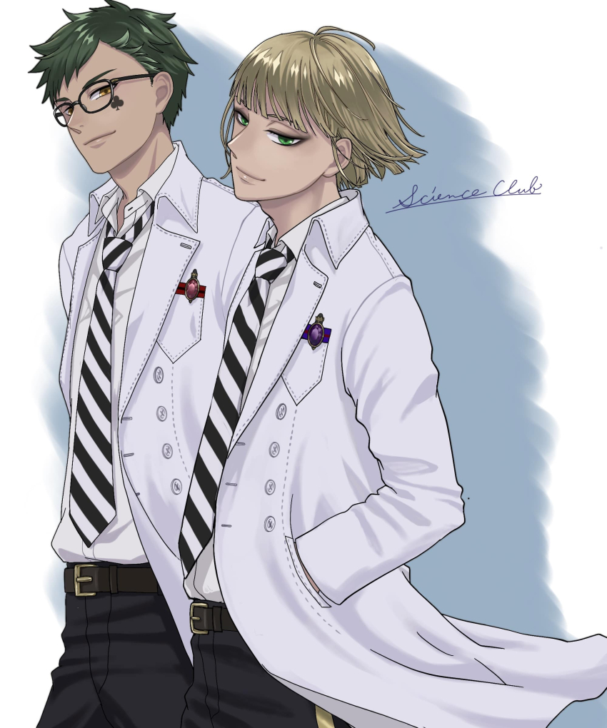 2boys absurdres blonde_hair coat commentary_request cowboy_shot glasses green_eyes grey_background grey_hair hands_in_pockets highres looking_at_viewer male_focus multiple_boys necktie rook_hunt shirt striped_necktie trey_clover twisted_wonderland ukichan12011 white_coat white_shirt yellow_eyes