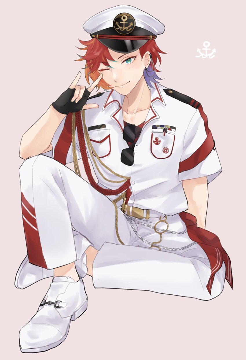 1boy ;) aiguillette anchor_symbol aqua_eyes asymmetrical_bangs belt black_gloves breast_pocket dress_shoes ear_chain earclip earrings eyewear_hang fingerless_gloves gloves hat highres hizaki_gamma holostars jacket jewelry knee_up linked_piercing looking_at_viewer m/ male_focus mioto_(tsubsq_m) mismatched_earrings multicolored_hair official_alternate_costume on_ground one_eye_closed orange_hair pants partially_unbuttoned peaked_cap pen pink_background pocket purple_hair red_hair red_shirt sailor shirt shoes short_hair short_sleeves simple_background sitting smile solo streaked_hair sunglasses tilted_headwear unworn_eyewear virtual_youtuber white_belt white_hat white_jacket white_pants white_shoes