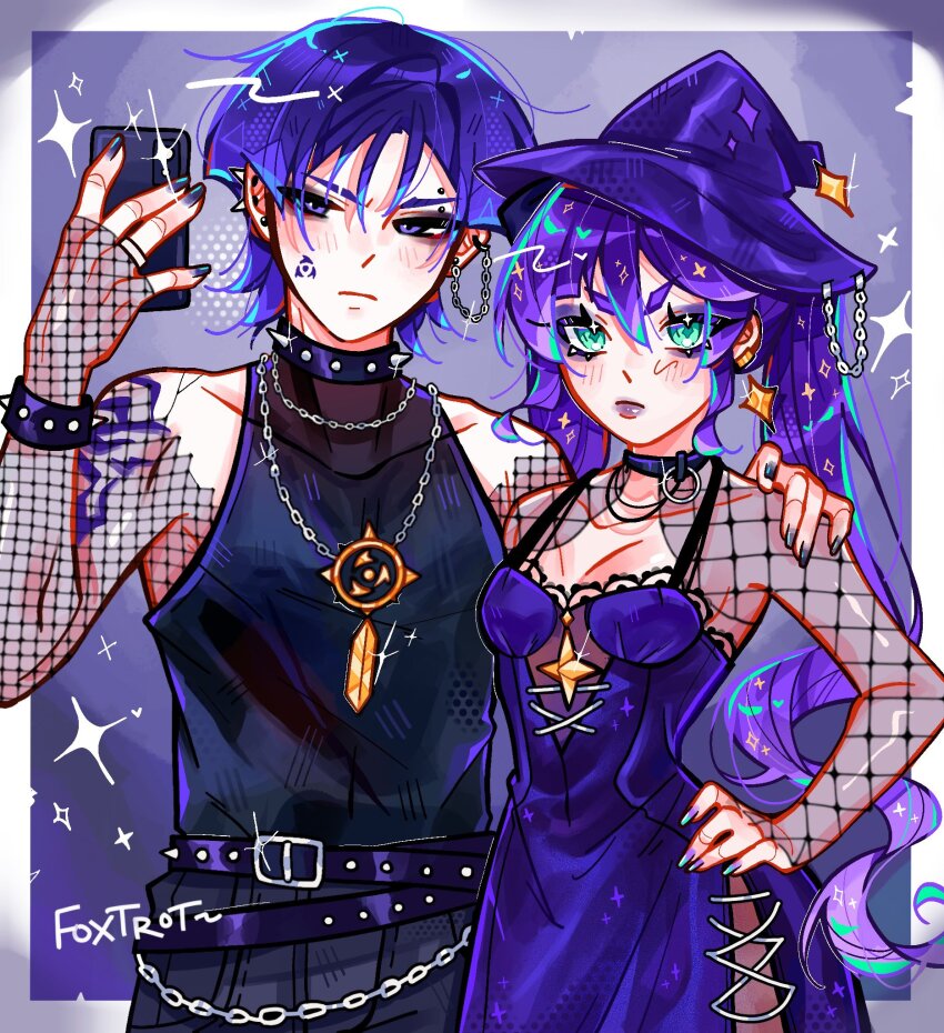 1boy 1girl alternate_costume aqua_eyes aqua_hair arm_around_shoulder artist_name belt belt_buckle black_choker black_nails black_shirt black_shorts blunt_ends blush border breasts buckle casual chain chain_earrings chain_necklace choker cleavage contemporary contrapposto covered_collarbone cross-laced_clothes cross-laced_dress curly_sidelocks dress ear_piercing earrings eyeliner eyeshadow facial_mark feathers fingernails fishnet_sleeves fishnets foxtrot_(foxtrot_xx) genshin_impact gold gold_pendant hair_between_eyes hand_on_another&#039;s_shoulder hand_on_own_hip hand_up hat highres holding holding_phone jewelry light_blush long_fingernails long_hair looking_at_phone looking_at_viewer makeup mitsudomoe_(shape) mona_(genshin_impact) multicolored_hair necklace o-ring phone piercing purple_background purple_belt purple_dress purple_eyes purple_hair purple_hat purple_lips red_eyeliner red_eyeshadow scaramouche_(genshin_impact) shirt short_eyebrows shorts shoulder_tattoo side_slit sidelocks spaghetti_strap spiked_choker spiked_ear_piercing spiked_wristband spikes star_(symbol) star_ornament star_print streaked_hair tattoo tomoe_(symbol) tsurime twintails upper_body v-shaped_eyebrows white_border witch_hat yellow_feathers