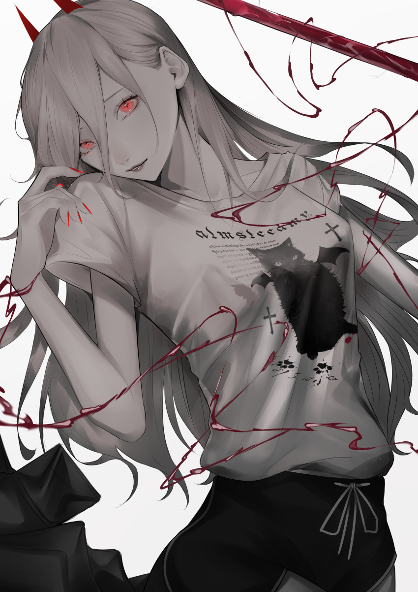 1girl absurdres black_shorts breasts chainsaw_man clothes_writing collarbone commentary cowboy_shot cross-shaped_pupils demon_girl demon_horns dolphin_shorts drawstring eyelashes fingernails grey_background grey_hair hair_between_eyes head_tilt hemokinesis highres horns lipstick long_fingernails long_hair long_hair_between_eyes looking_at_viewer makeup mano_aaa nail_polish orange_eyes parted_lips power_(chainsaw_man) print_shirt red_horns red_lips red_nails shirt short_sleeves shorts solo symbol-shaped_pupils t-shirt white_shirt