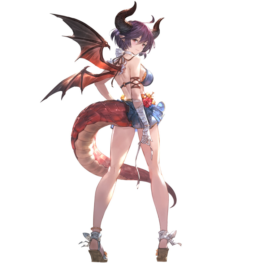 1girl ahoge alpha_transparency ass bandaged_arm bandages bare_shoulders bikini bikini_skirt blue_bikini blush breasts dragon_girl dragon_horns dragon_tail dragon_wings full_body granblue_fantasy grea_(shingeki_no_bahamut) grea_(summer)_(shingeki_no_bahamut) hair_between_eyes horns large_breasts looking_at_viewer looking_back minaba_hideo official_art pointy_ears purple_hair red_eyes sandals shingeki_no_bahamut short_hair smile solo standing standing_on_one_leg swimsuit tail transparent_background wedge_heels wings