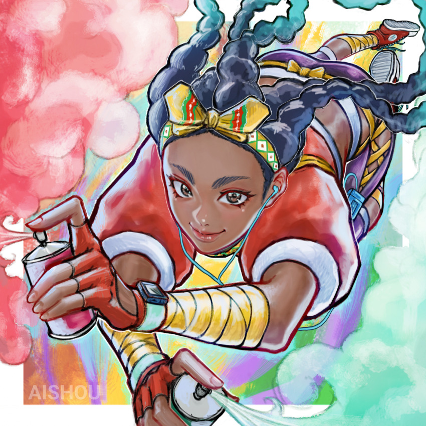 1girl ai_shou arm_wrap artist_name border commentary crop_top dark-skinned_female dark_skin earbuds earphones english_commentary fingerless_gloves gloves gradient_hair highres kimberly_jackson long_hair mixed-language_commentary multicolored_hair red_gloves short_sleeves solo spray_can street_fighter street_fighter_6 white_border