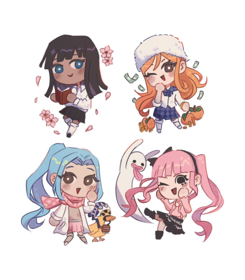 4girls banknote bird black_hair black_skirt blue_eyes blue_hair blunt_bangs blush brown_eyes chibi commentary duck english_commentary flower fur_hat ghost hat highres karoo_(one_piece) long_hair money multiple_girls nami_(one_piece) nefertari_vivi nico_robin one_eye_closed one_piece orange_hair perona pink_flower pink_scarf scarf sidelocks skirt slyrin smile twintails white_background