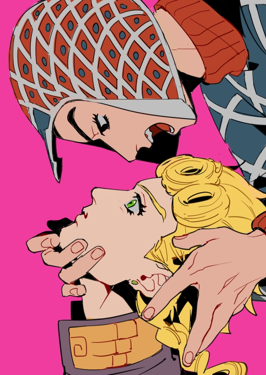 2boys argyle_clothes argyle_hat argyle_sweater blonde_hair braid earrings eye_contact giorno_giovanna guido_mista hand_on_another&#039;s_chin hand_on_another&#039;s_head hat highres jewelry jojo_no_kimyou_na_bouken lighthouse_(lt_yummy) long_hair looking_at_another male_focus multiple_boys pink_background stud_earrings sweater vento_aureo victory_rolls