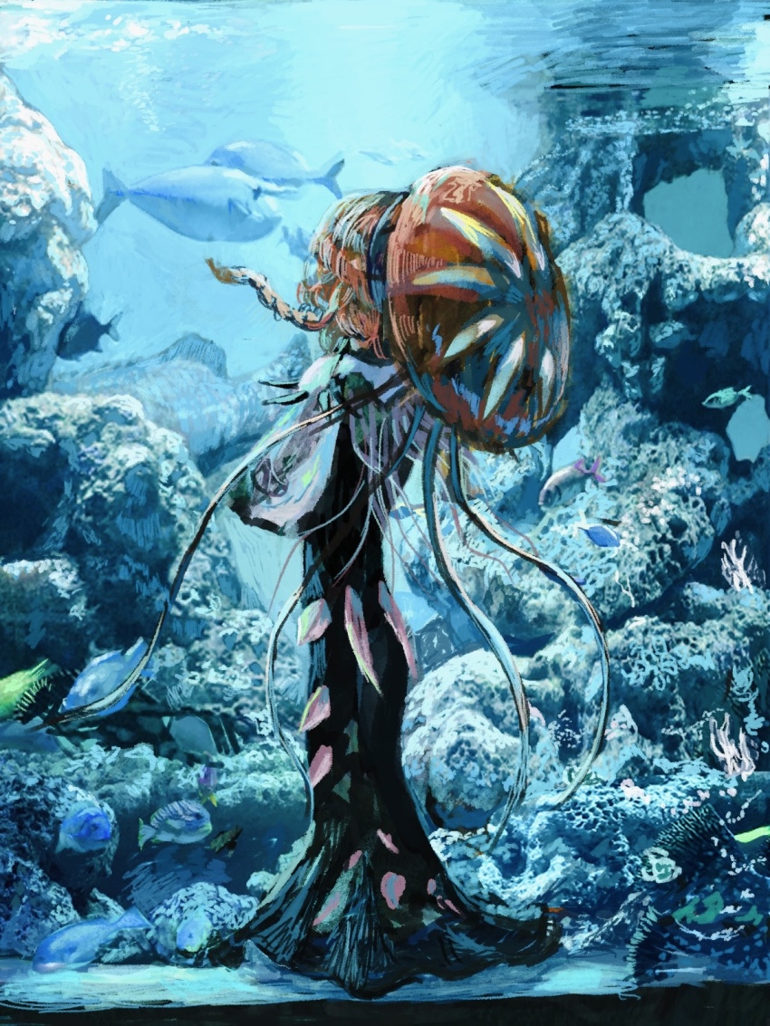 1girl braid brown_hair coral coral_reef dress fate/grand_order fate_(series) fish from_behind highres jellyfish long_dress solo t0da tentacles underwater van_gogh_(fate) van_gogh_(second_ascension)_(fate)
