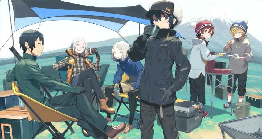 boots camping camping_chair cup dishes drinking folding_chair gloves highres katana kino_(kino_no_tabi) kino_no_tabi mug shizu_(kino_no_tabi) short_hair sitting sword tea_(kino_no_tabi) tomboy weapon