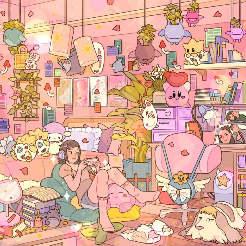 1990s_(style) 1girl animal artimaking artist_name bat_(animal) bed book bookshelf brown_hair brown_shirt cardcaptor_sakura character_request coin commission desk dog flower food full_body gen_2_pokemon gen_8_pokemon gold_coin handheld_game_console headphones heart heen highres holding holding_handheld_game_console howl_no_ugoku_shiro indoors kaonashi kirby kirby_(series) lamp leaf mask medium_hair mushroom my_melody nintendo onegai_my_melody original photo_(object) pillow pink_socks pink_theme plant pocky pokemon poster_(object) potted_plant retro_artstyle sanrio sen_to_chihiro_no_kamikakushi shirt short_sleeves sitting snom socks star_(symbol) studio_ghibli stuffed_toy swivel_chair togepi tonari_no_totoro totoro toy white_flower