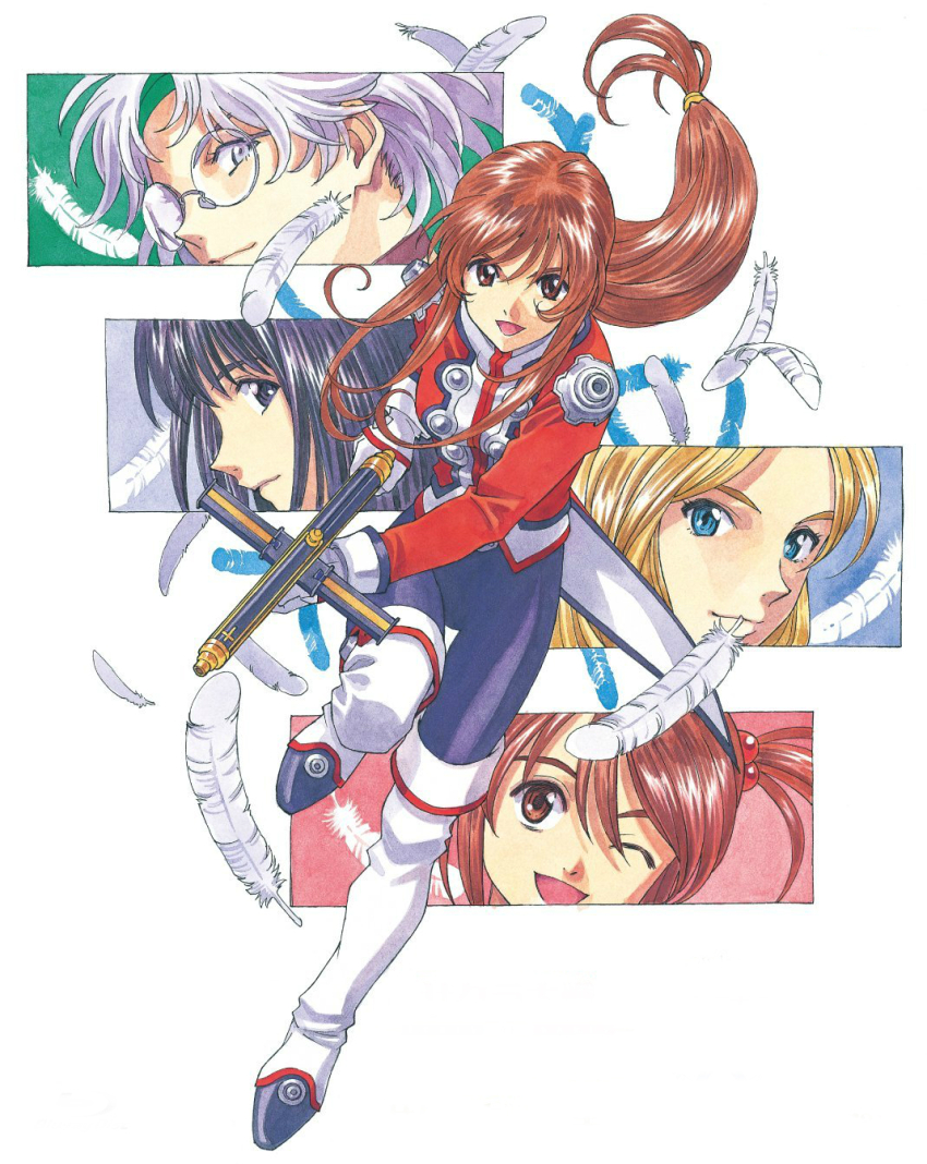 5girls belt black_hair black_pants blonde_eyebrows blonde_hair boots brown_eyes brown_hair buttons child closed_mouth coattails collar coquelicot_(sakura_taisen) crack cracked_glass double-breasted erica_fontaine eyelashes feathers full_body glasses gloves glycine_bleumer green_eyes green_headband gun hair_between_eyes hair_bobbles hair_ornament head_only headband highres holding holding_gun holding_unworn_clothes holding_weapon jacket kitaooji_hanabi leg_up lobelia_carlini long_hair long_sleeves looking_ahead looking_at_viewer low-tied_long_hair mandarin_collar matsubara_hidenori messy_hair multiple_girls nose official_art one_eye_closed open_mouth paneled_background pants profile red_jacket red_sleeves red_uniform rimless_eyewear round_eyewear sakura_taisen sakura_taisen_iii sega shadow short_twintails side_slit sidelocks simple_background smile straight_hair submachine_gun thigh_boots third-party_source tight_clothes tight_pants traditional_media twintails v-shaped_eyebrows wavy_ends wavy_sidelocks weapon white_background white_collar white_feathers white_footwear white_hair white_wrist_cuffs wispy_bangs wrist_cuffs