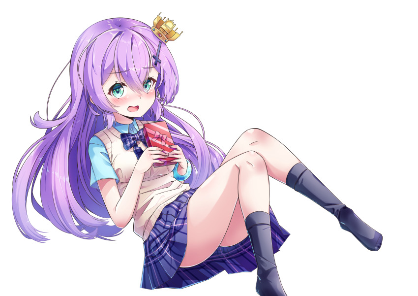 1girl :d absurdres alternate_hairstyle aqua_eyes aqua_shirt ass azur_lane black_socks blush bow bowtie box bracelet collared_shirt commentary_request crown gift gift_box hair_between_eyes hair_down hair_ornament hairpin highres holding holding_box javelin_(azur_lane) javelin_(slow_ahead!)_(azur_lane) jewelry kneehighs leer.meer long_hair looking_at_viewer mini_crown no_shoes open_mouth plaid_clothes plaid_skirt pleated_skirt purple_hair school_uniform shirt short_sleeves sidelocks skirt smile socks solo sweater_vest transparent_background valentine vest
