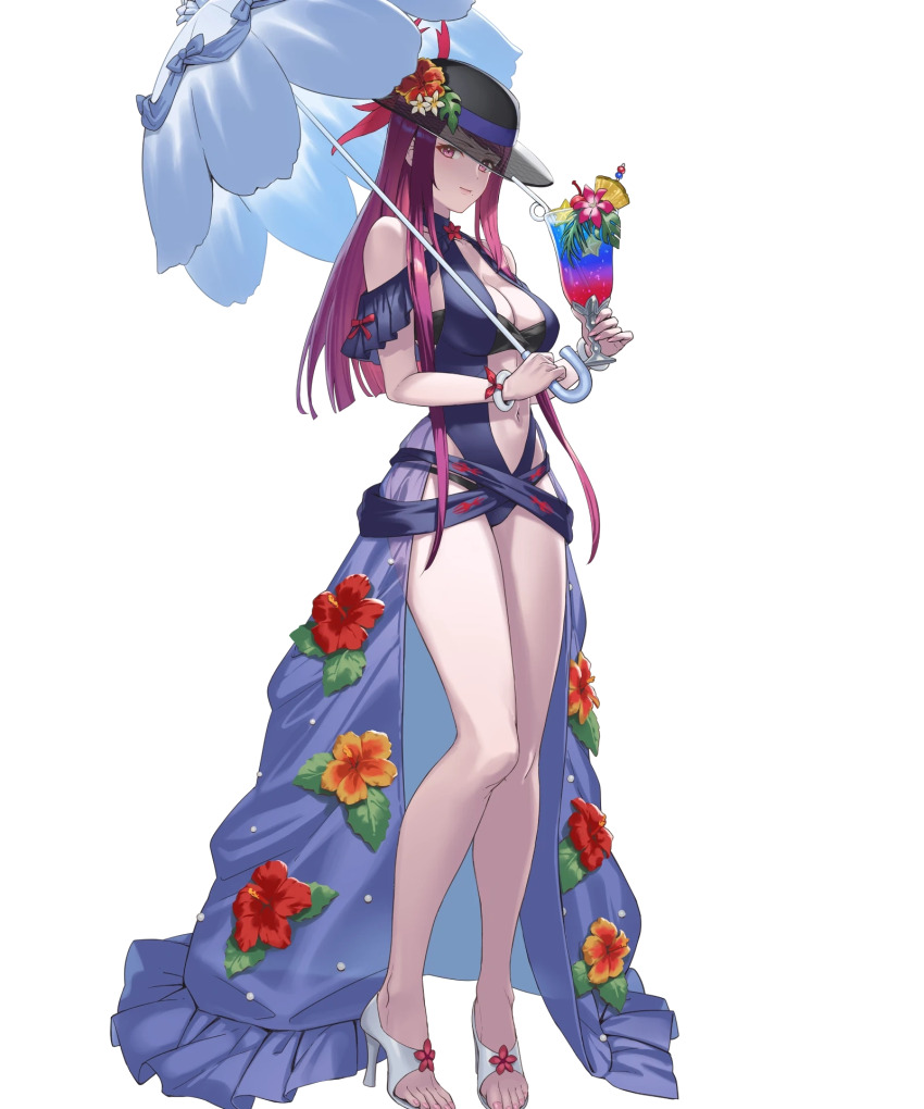 1girl bare_shoulders black_hat bracelet breasts cleavage closed_mouth cuboon cup drinking_glass drinking_straw feet female_focus fire_emblem fire_emblem_engage fire_emblem_heroes flower frills full_body hat hibiscus high_heel_sandals high_heels highres holding holding_cup holding_umbrella ivy_(fire_emblem) ivy_(summer)_(fire_emblem) jewelry legs light_smile long_hair looking_at_viewer matching_hair/eyes medium_breasts mole mole_under_mouth nail_polish navel nintendo non-web_source official_art one-piece_swimsuit open_shoes purple_eyes purple_hair sandals see-through_clothes solo stomach swimsuit toenails toes transparent_background tropical_drink umbrella umbrella_flower white_sandals