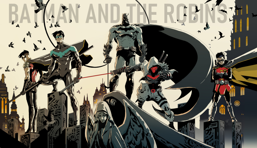 5boys bat_(animal) batman bird bo_staff bodysuit bruce_wayne cape crossed_arms damian_wayne dc_comics dexter_soy dick_grayson domino_mask dove english_text escrima_stick eye_mask helmet highres holding holding_behind_back holding_sword holding_sword_behind_back holding_weapon holding_weapon_behind_back hood jason_todd katana mask multiple_boys nightwing red_hood_(dc) red_robin robin_(dc) skin_tight spandex superhero_costume sword tim_drake weapon weapon_on_back