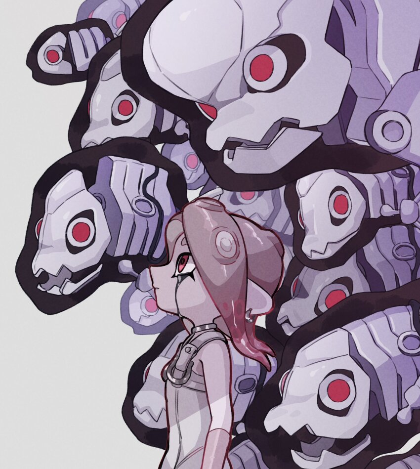 1girl agent_8_(splatoon) bare_shoulders battering_lento black_liquid bodysuit brown_hair choker closed_mouth colored_tips detached_sleeves earrings flat_chest grey_choker highres jelleton jewelry liquid_from_eyes marching_andante medium_hair multicolored_hair nintendo octoling oka_kabe parted_bangs profile red_eyes red_hair simple_background single_detached_sleeve sleeveless sleeveless_bodysuit solo splatoon_(series) splatoon_3 splatoon_3:_side_order swarming_languendo tentacle_hair two-tone_hair white_background white_bodysuit
