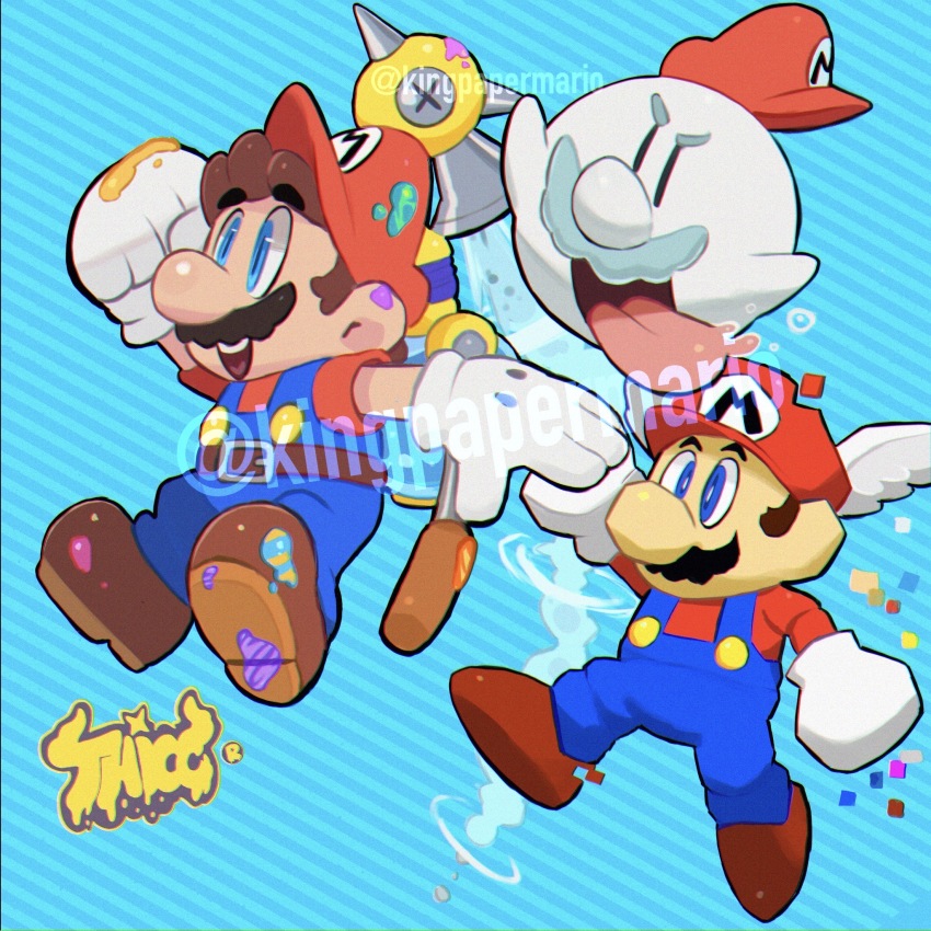 3boys blue_eyes boo_mario brown_hair f.l.u.d.d. facial_hair flying full_body ghost gloves hat highres jump mario mario_(series) multiple_boys mustache nintendo open_mouth paint plumber super_mario_64 super_mario_galaxy super_mario_sunshine tongue tongue_out water wing_cap wing_mario wings