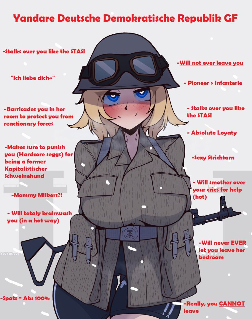 1girl assault_rifle blonde_hair blue_eyes blush breasts cameltoe crazy_eyes east_germany english_text freckles german_text gun helmet highres holding holding_gun holding_weapon large_breasts looking_back military_uniform nationale_volksarmee nva_uniform original phenol_r rifle solo stahlhelm_m1956 strichtarn weapon yandere you_gonna_get_raped