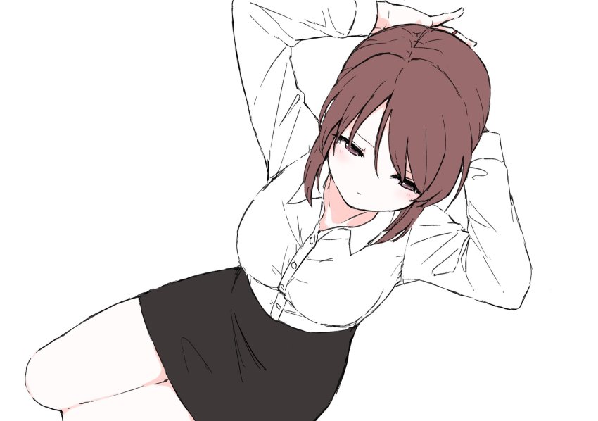 1girl black_skirt breasts highres idolmaster idolmaster_cinderella_girls looking_away medium_breasts mifune_miyu pencil_skirt pure_556 red_eyes red_hair shirt simple_background skirt solo thighs tying_hair white_background white_shirt