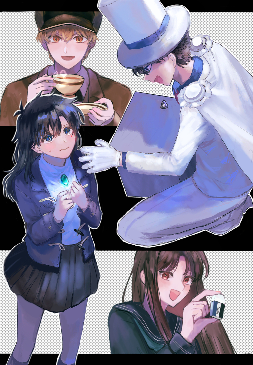 2boys 2girls absurdres black_border black_hair black_skirt blonde_hair blue_eyes blue_jacket border box brown_hair brown_suit cape chest_jewel commentary_request cup detective eraser formal_clothes gem gloves green_gemstone hakuba_saguru hat hco_(user_dktk2487) highres holding holding_cup holding_saucer jacket kaitou_kid kneeling koizumi_akako long_hair looking_at_another looking_at_viewer looking_down looking_up magic_kaito monocle_chain multiple_boys multiple_girls nakamori_aoko open_clothes open_jacket open_mouth orange_eyes pantyhose parted_bangs red_eyes sailor_collar sailor_shirt saucer school_uniform shirt short_hair skirt steam suit sweatdrop sweater tea teacup top_hat white_cape white_gloves white_suit white_sweater