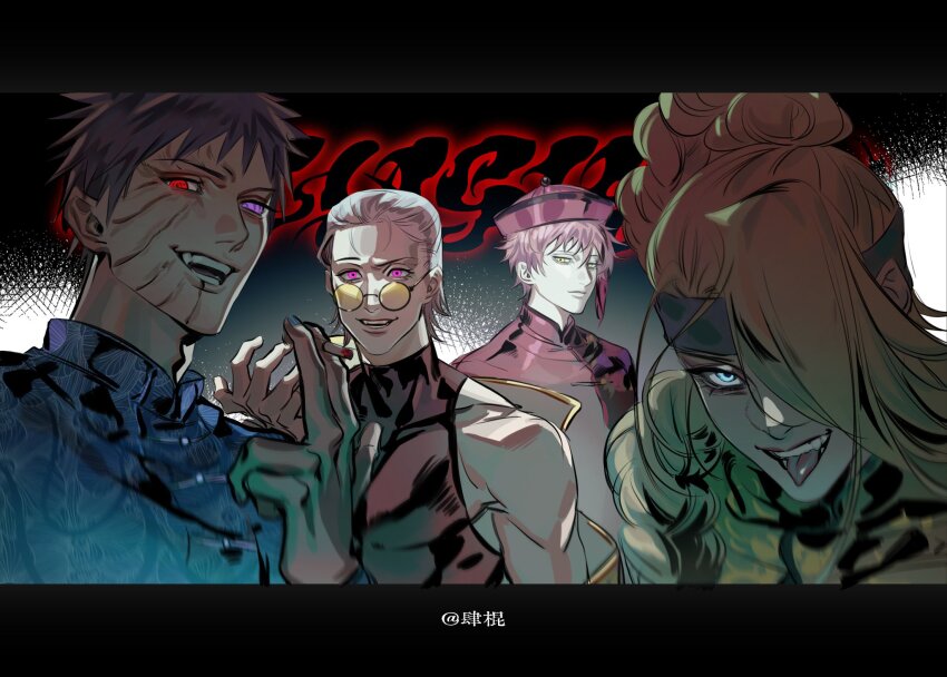 4boys asymmetrical_bangs bare_shoulders black_hair blonde_hair blue_eyes braid chinese_clothes cigarette closed_mouth deidara_(naruto) eluspac_maru glasses grey_hair hair_over_one_eye hat headband hidan_(naruto) high_collar highres holding holding_cigarette long_hair looking_at_viewer male_focus multiple_boys naruto_(series) naruto_shippuuden open_mouth pink_eyes red_eyes red_hair rinnegan sasori_(naruto) scar scar_on_face short_hair sleeveless smile smirk teeth toned toned_male tongue tongue_out uchiha_obito yellow_eyes