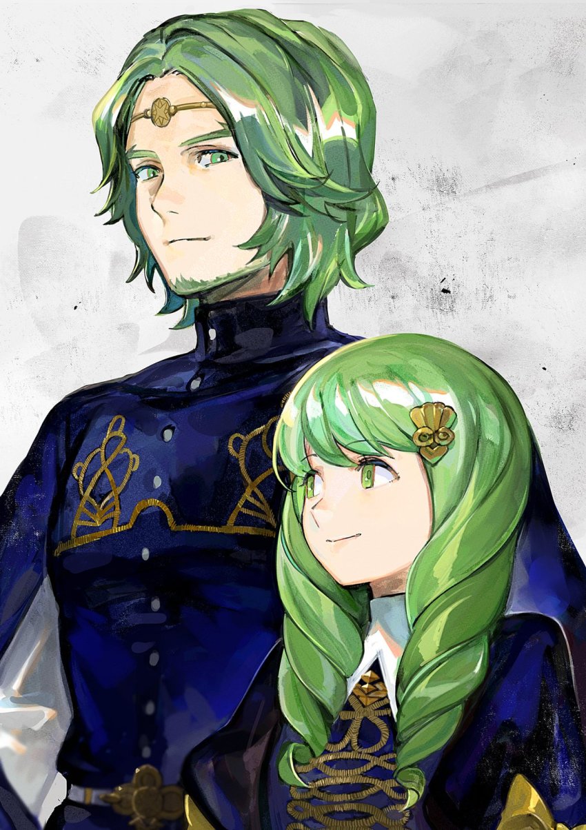 1boy 1girl beard bow brother_and_sister closed_mouth facial_hair fire_emblem fire_emblem:_three_houses flayn_(fire_emblem) garreg_mach_monastery_uniform green_eyes green_facial_hair green_hair hair_ornament highres kyufe long_hair matching_hair/eyes nintendo seteth_(fire_emblem) short_hair siblings upper_body yellow_bow