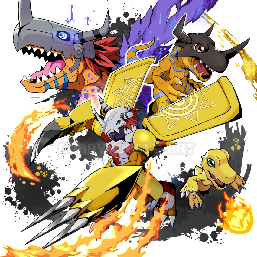 absurdres agumon armor blue_eyes breath_weapon breathing_fire claw_(weapon) colored_skin currynoodle_art cyborg digimon digimon_(creature) digimon_adventure dragon evolutionary_line fire green_eyes greymon group_picture helmet highres horns lizard mechanical_wings metalgreymon open_mouth orange_scales orange_skin red_eyes red_hair sharp_teeth simple_background teeth torn_wings wargreymon weapon white_background wings yellow_armor yellow_wings