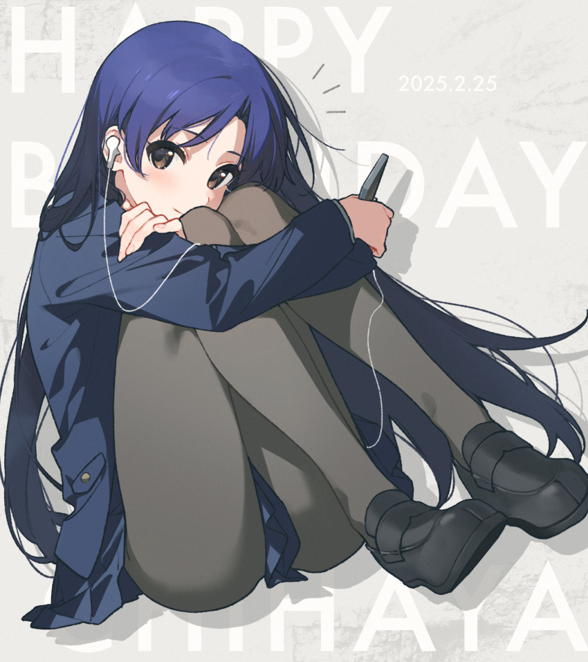 1girl blue_hair blue_jacket blue_skirt blush brown_eyes cellphone clothes_between_thighs commentary_request earbuds earphones full_body grey_pantyhose happy_birthday highres hugging_own_legs idolmaster idolmaster_(classic) jacket kisaragi_chihaya knees_to_chest loafers long_hair looking_at_viewer nozawa_noko pantyhose phone shoes sitting skirt smartphone solo
