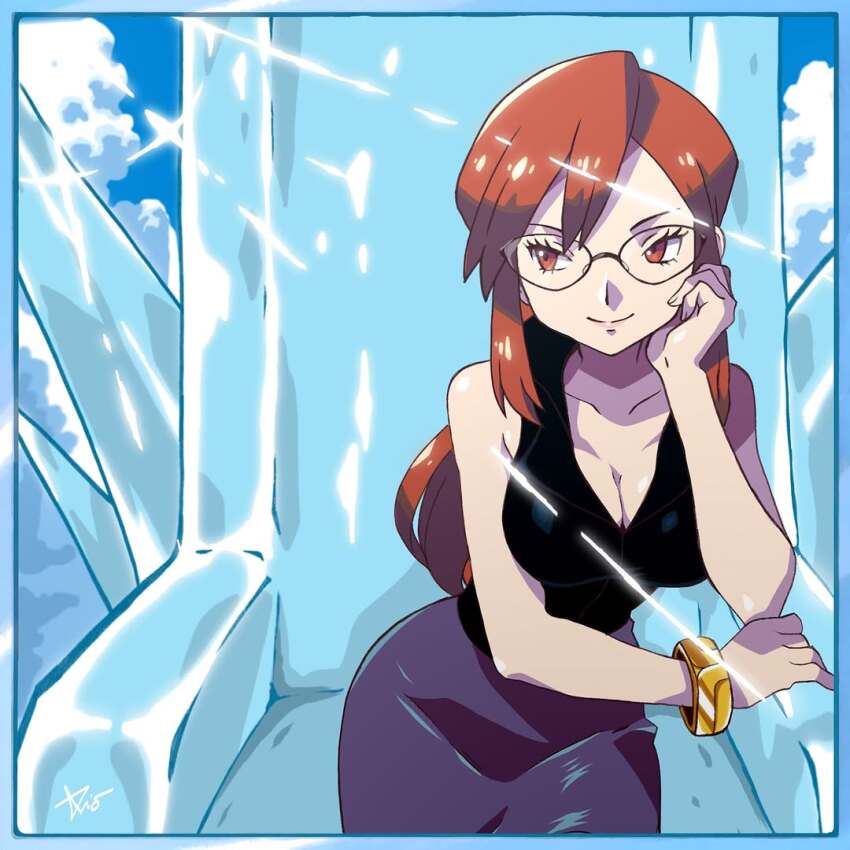 1girl bare_shoulders blue_sky breasts cleavage cloud glasses ice large_breasts lips long_hair looking_to_the_side lorelei_(pokemon) nintendo pokemon pokemon_frlg red_eyes red_hair rio_chico_art sitting skirt sky sleeveless throne