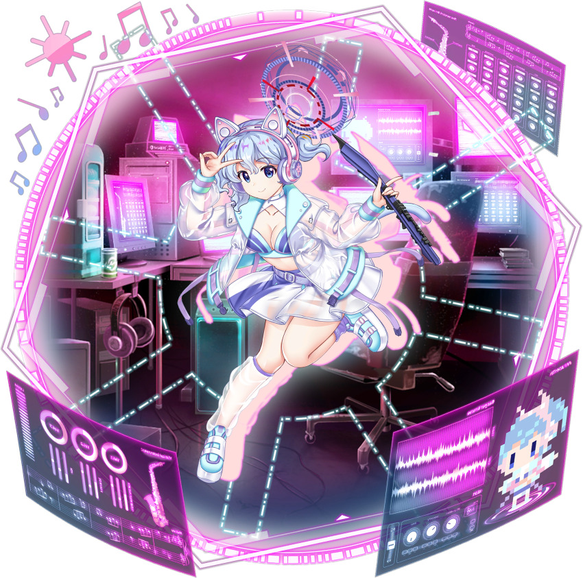 1girl alternate_costume animal_ear_headphones animal_ears aqua_shoes asymmetrical_legwear belt blue_bra blue_eyes blue_hair bra breasts cat_ear_headphones cat_tail chair cleavage closed_mouth computer cyber_fashion electric_wind_instrument fake_animal_ears full_body game_cg headphones highres holding holding_instrument hologram instrument jacket leg_up long_sleeves looking_at_viewer merlin_prismriver merlin_prismriver_(second_eldest_memory_leaker) midriff monitor multicolored_bra musical_note official_art purple_belt purple_bra purple_skirt rotte_(1109) science_fiction see-through_clothes see-through_jacket see-through_legwear see-through_skirt shoes short_hair silhouette single_sock skirt smile socks solo sun_symbol tail third-party_source touhou touhou_lostword transparent_background two-tone_skirt underwear v white_jacket white_skirt