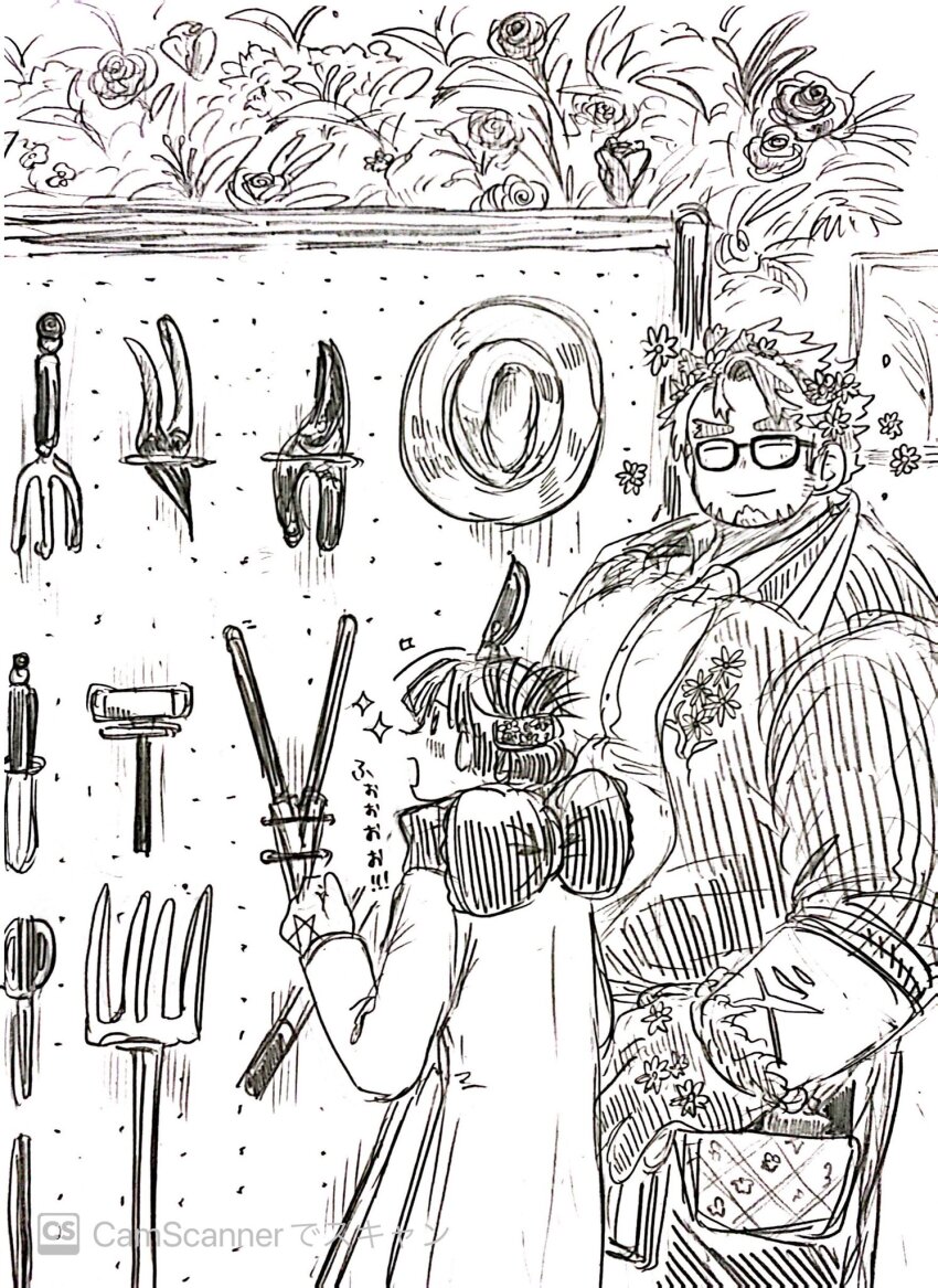 1boy 1girl bara donguri306 facial_hair farm farmer fat fat_man flower glasses goatee graphite_(medium) greyscale hair_flower hair_ornament happy_aura height_difference highres hippolytus_(housamo) large_hands large_pectorals male_focus monochrome pectorals protagonist_2_(housamo) scan short_hair sideburns sideburns_stubble smile standing stubble thick_eyebrows tokyo_houkago_summoners tools traditional_media