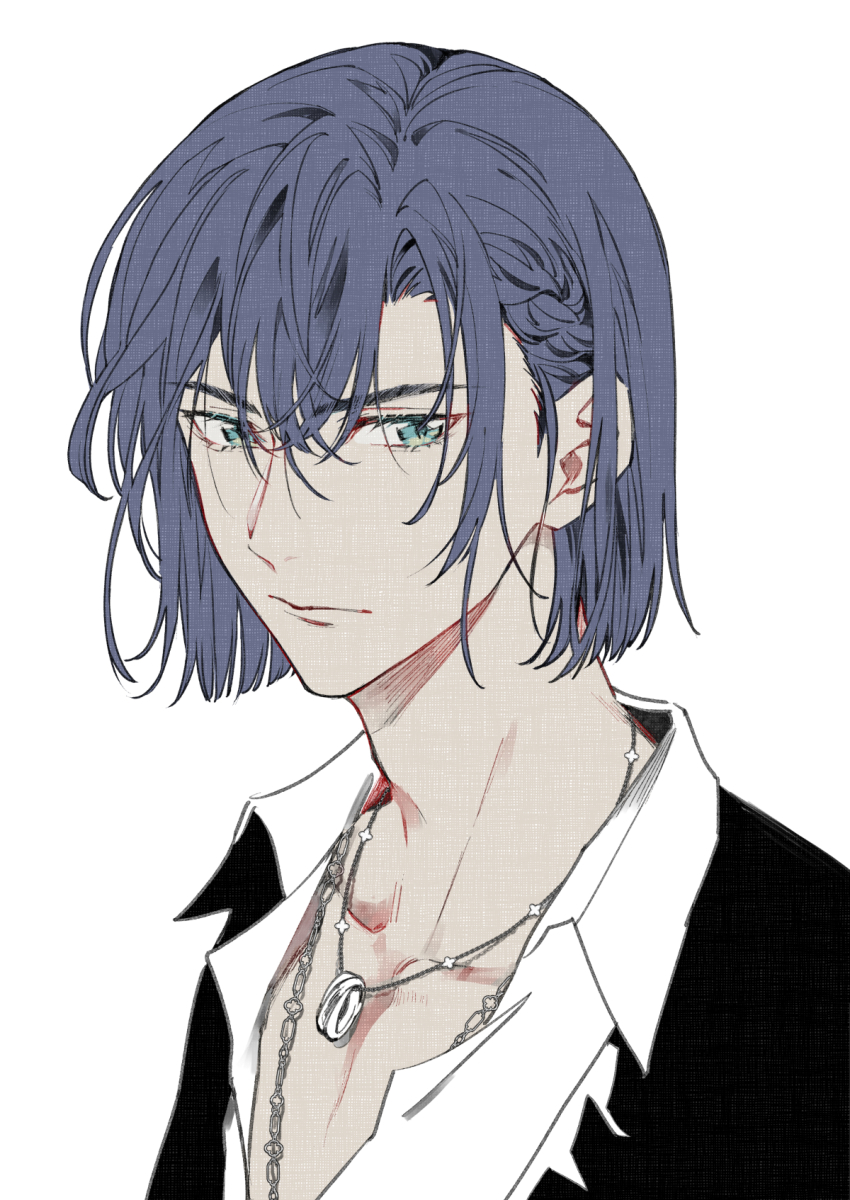 1boy blue_hair bob_cut braid closed_mouth collarbone french_braid green_eyes hair_between_eyes highres hikaru_no_go hun_(endlesslovehikaru) jewelry looking_at_viewer male_focus messy_hair necklace portrait ring ring_necklace short_hair simple_background single_braid solo touya_akira white_background