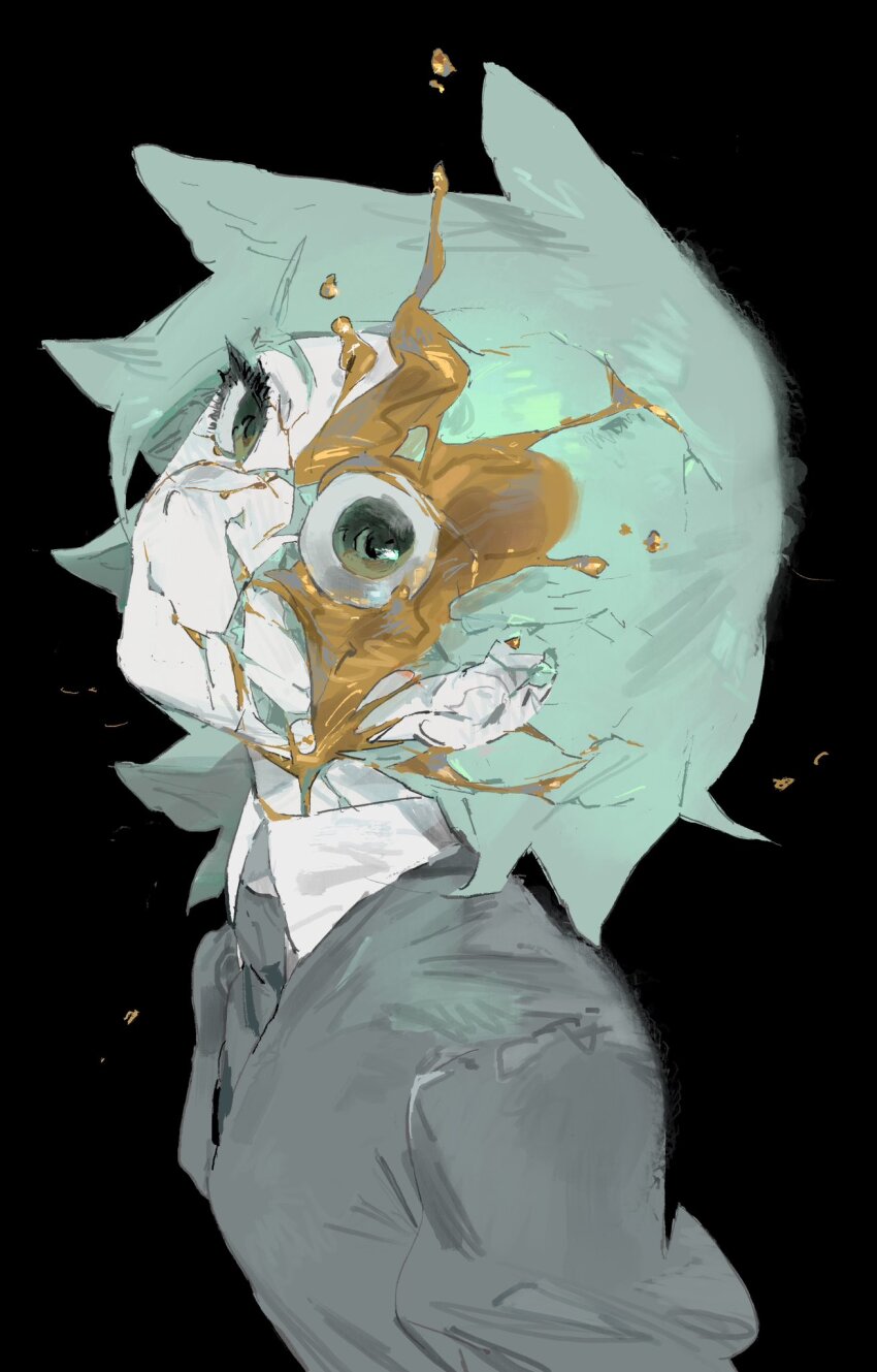 1other androgynous black_background black_shirt collared_shirt cracked_skin gem_uniform_(houseki_no_kuni) green_eyes green_hair highres houseki_no_kuni le_(szs0k) looking_at_viewer molten_metal other_focus phosphophyllite shirt short_hair simple_background sketch solo upper_body white_shirt