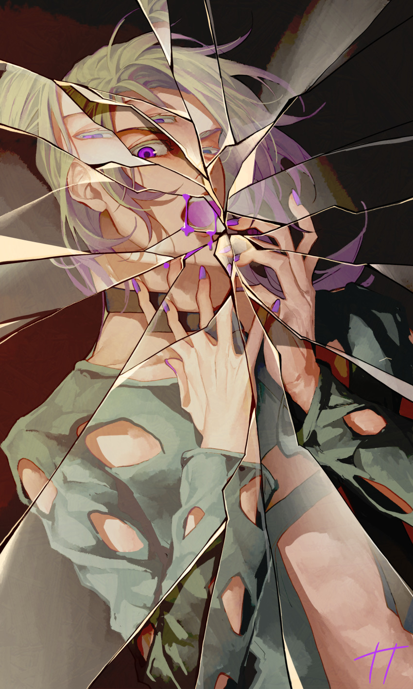1boy absurdres blonde_hair check_commentary clothing_cutout commentary commentary_request crack cracked_glass highres jojo_no_kimyou_na_bouken kono_tt_da male_focus pannacotta_fugo purple_eyes purple_nails teeth vento_aureo