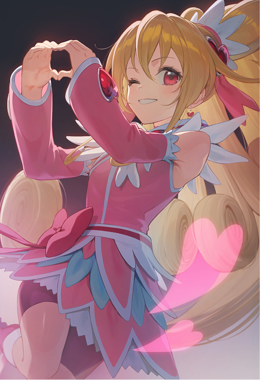 1girl aida_mana birthday black_background blonde_hair boots bow brooch choker cure_heart dokidoki!_precure gradient_background hair_ornament happy_birthday heart heart_brooch heart_hair_ornament heart_hands high_ponytail highres jewelry long_hair magical_girl one_eye_closed pink_arm_warmers pink_bow pink_choker pink_eyes pink_sleeves pink_wrist_cuffs ponytail precure skirt smile standing standing_on_one_leg wrist_cuffs yuzu_sato