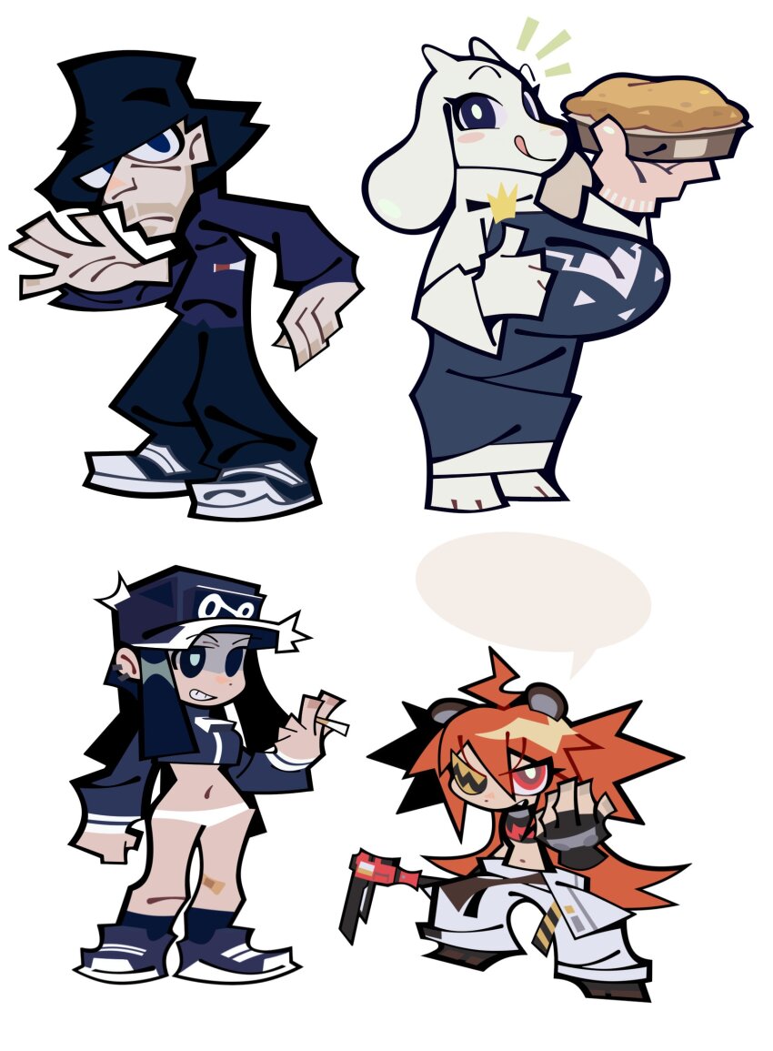 1boy 3girls :q absurdres animal_ears bear_ears black_gloves black_hat blank_speech_bubble blue_jacket breasts cassette_girl chibi cigarette commentary crop_top cropped_jacket crossover english_commentary eyepatch fingerless_gloves food friday_night_funkin&#039; furry furry_female gloves goat_girl grin hat highres hillmyna holding holding_cigarette holding_food huge_breasts jacket jamiroquai jay_kay koleda_belobog multiple_crossover multiple_girls panties pants parody pie red_eyes red_hair shoes simple_background smile sneakers socks speech_bubble style_parody thumbs_up tongue tongue_out toriel undertale underwear virtual_insanity_(song) white_background zenless_zone_zero