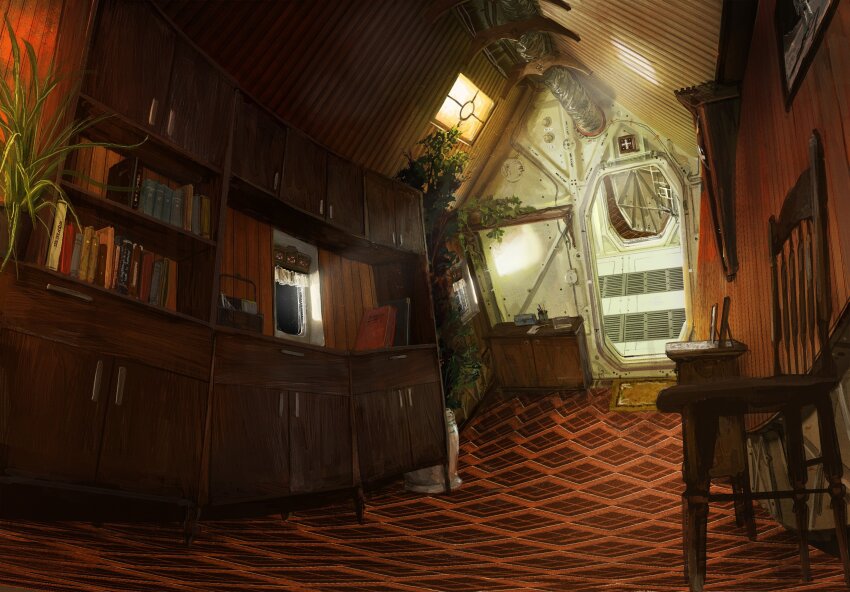absurdres bookshelf carpet chair checkered_floor cupboard fern highres indoors no_humans original plant potted_plant science_fiction shelf space_station whaleoil wooden_chair wooden_wall