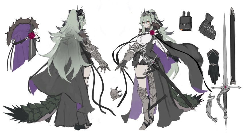 1girl arigiep armored_boots belt belt_buckle belt_pouch black_belt black_cape black_gloves boots breasts buckle cape reference_sheet commentary_request corset flower fur-trimmed_cape fur_trim gauntlets gloves green_hair highres large_breasts long_hair monster_hunter_(series) multiple_views orange_eyes original personification pointy_ears ponytail pouch purple_cape purple_flower purple_rose rathian rose scabbard sheath sheathed shirt short_shorts shorts single_gauntlet sword tail thigh_strap weapon white_shirt wide_ponytail