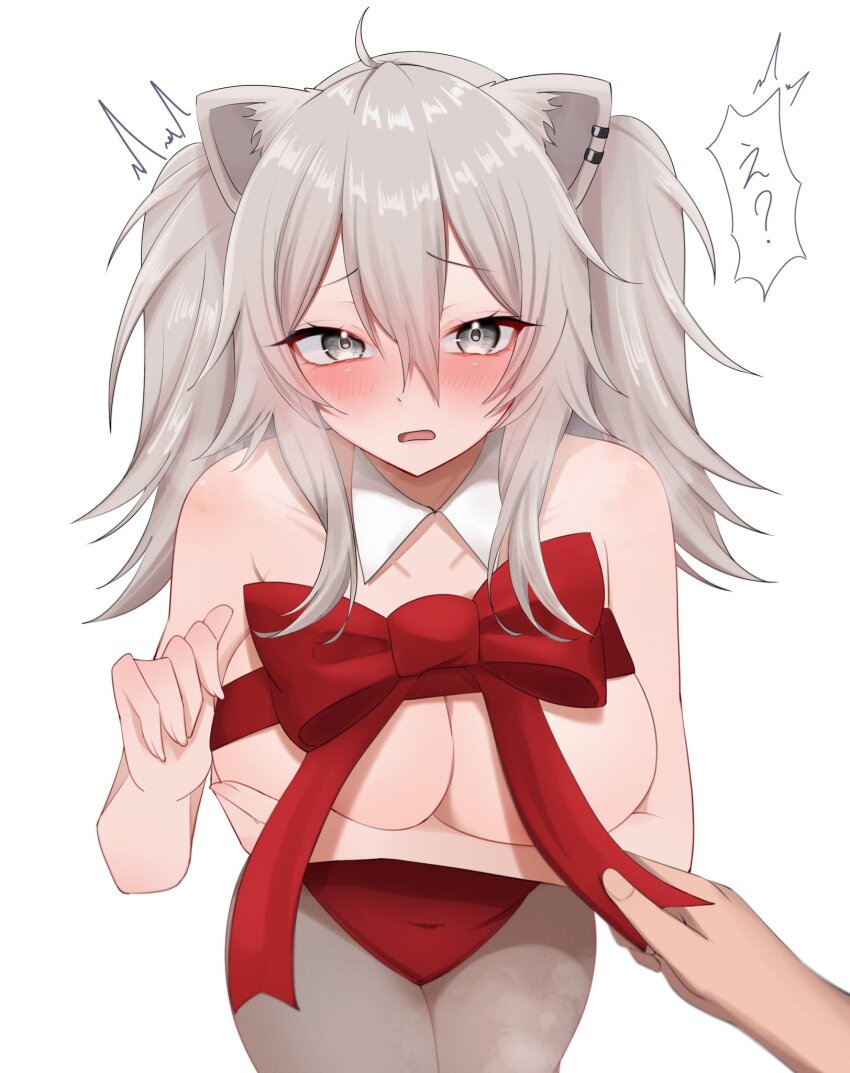 1girl ahoge animal_ear_fluff animal_ears bare_shoulders blush bow breasts cleavage collar covered_navel covering_breasts covering_privates detached_collar earrings grey_eyes grey_hair hair_between_eyes highres hololive jewelry large_breasts leotard lion_ears lion_girl pantyhose red_bow red_leotard red_ribbon ribbon shina_eno3 shishiro_botan solo speech_bubble virtual_youtuber white_collar