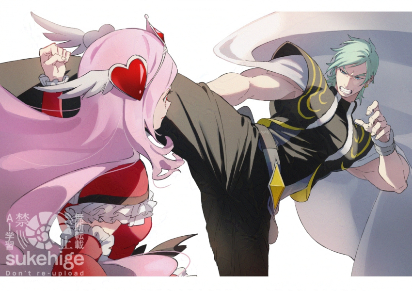 1boy 1girl belt bracelet buttons clenched_hand cloak couple cure_passion diamond_button earrings exposed_muscle facing_back fighting floating_cape floating_hair flying_kick fresh_precure! frilled_gloves frilled_shirt frilled_sleeves frills gloves green_hair hair_ornament hair_wings heart heart-shaped_hair heart_hair_ornament higashi_setsuna high_kick jewelry kicking long_hair looking_at_another looking_to_the_side muscular muscular_male open_mouth pants pink_hair precure shirt short_hair sukehige teeth wester_(fresh_precure!) white_cloak wing_hair_ornament