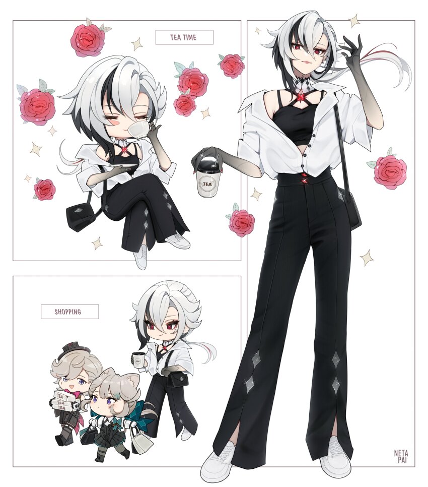 1boy 2girls absurdres alternate_costume animal_ears arlecchino_(genshin_impact) bag black_eyes black_pants black_skin blush_stickers bright_pupils cat_ears chibi chibi_inset closed_eyes collared_shirt colored_extremities colored_skin criss-cross_halter crop_top cross-shaped_pupils crossed_legs cup disposable_cup drinking english_text floating_hair flower full_body genshin_impact glint halterneck hand_up hat high-waist_pants highres holding holding_cup holding_saucer light_brown_hair looking_at_viewer low_ponytail lynette_(genshin_impact) lyney_(genshin_impact) mini_hat mini_top_hat multicolored_hair multicolored_skin multiple_girls multiple_views netapai1 off_shoulder pants partially_unbuttoned ponytail red_eyes red_flower red_pupils red_rose rose saucer shirt shoes shoulder_bag simple_background single_blush_sticker sitting smile sneakers solo_focus sparkle standing streaked_hair swept_bangs symbol-shaped_pupils teacup top_hat two-tone_hair two-tone_skin walking white_background white_footwear white_hair white_shirt