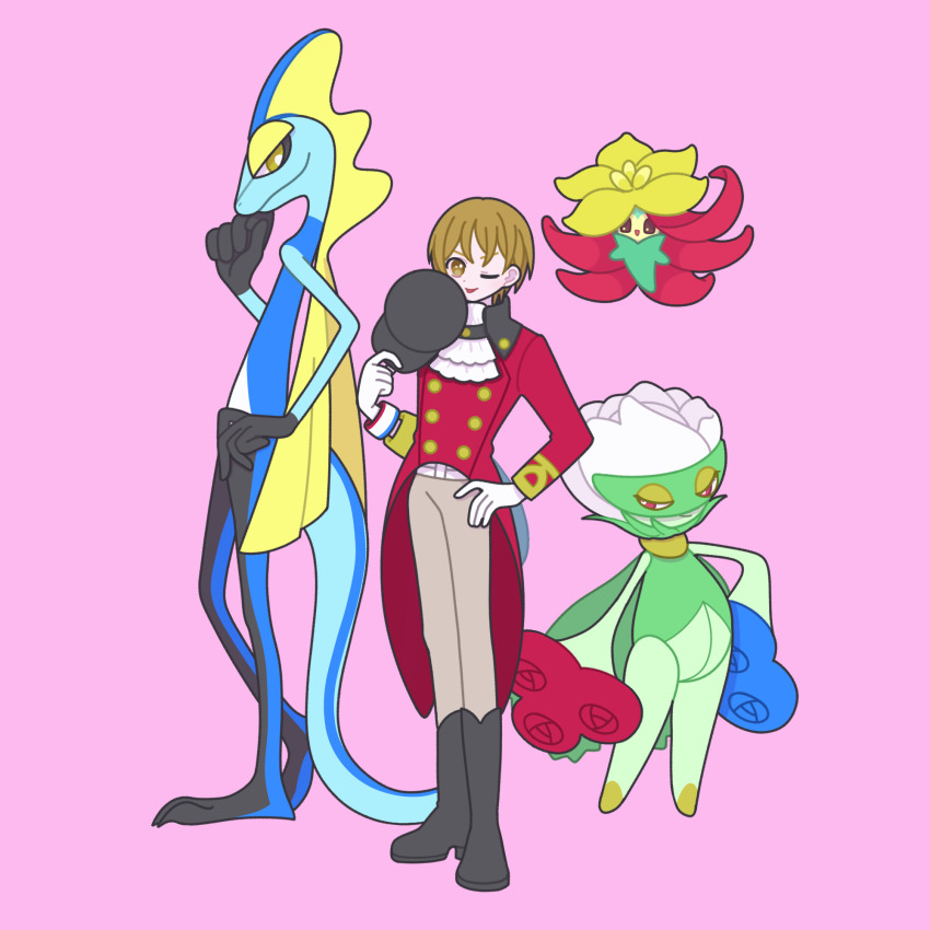 1boy ascot black_footwear black_hat boots brown_eyes brown_hair commentary_request crossover full_body gen_4_pokemon gen_8_pokemon gossifleur grey_pants hand_on_own_hip hand_up hat hayami_hiro highres holding holding_unworn_clothes holding_unworn_hat inteleon jacket king_of_prism knee_boots long_sleeves looking_at_viewer male_focus nintendo nyaasechan pants pink_background pokemon pokemon_(creature) pretty_rhythm pretty_series red_jacket roserade short_hair simple_background smile standing unworn_hat unworn_headwear white_ascot