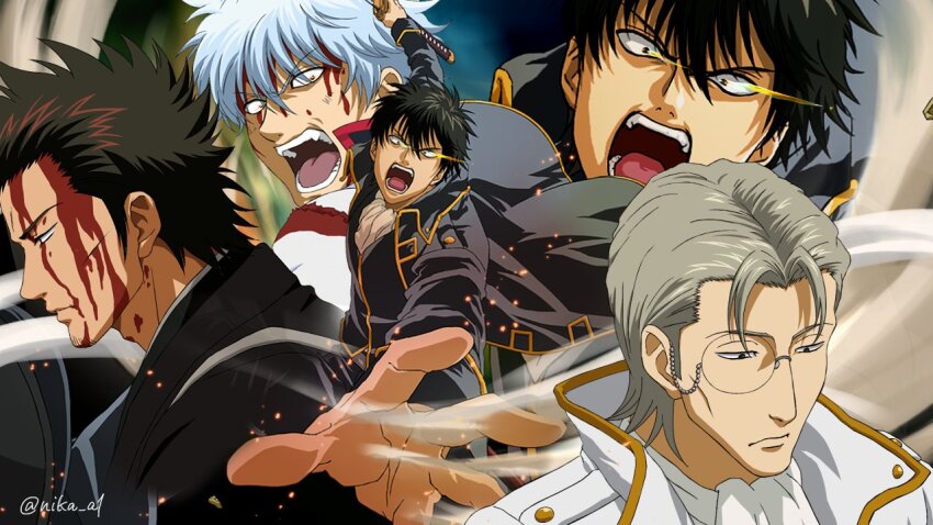 anime_coloring ascot black_hair black_jacket black_vest blood blood_on_face fangs gintama glasses grey_hair high_collar hijikata_toushirou holding holding_sword holding_weapon jacket katana kondou_isao messy_hair military_uniform nika_a1 open_mouth sakata_gintoki sasaki_isaburou shinsengumi_(gintama) short_hair sword teeth vest weapon white_ascot white_hair white_jacket